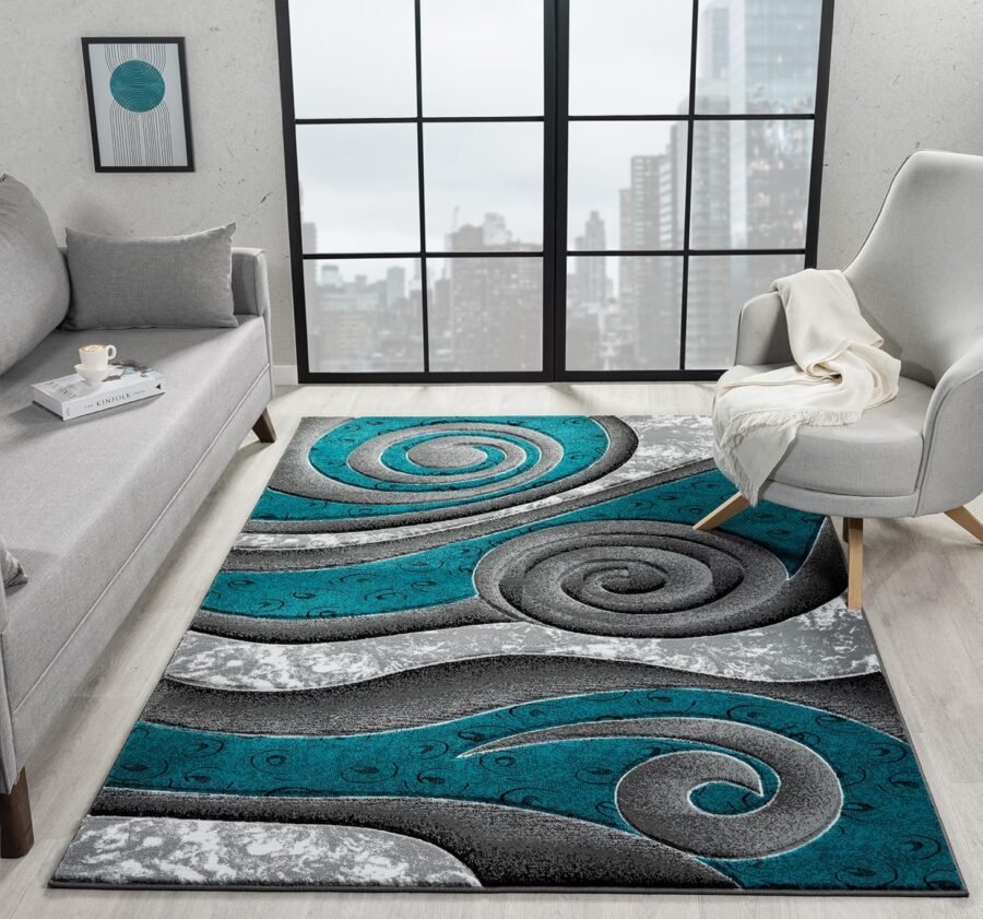 Sam's Rugs Ultra Soft Area Rug Hand Carved - Modern Abstract Design for Indoor Living Room & Bedroom - Stain Resistant, Easy to Clean Turquoise- 50169